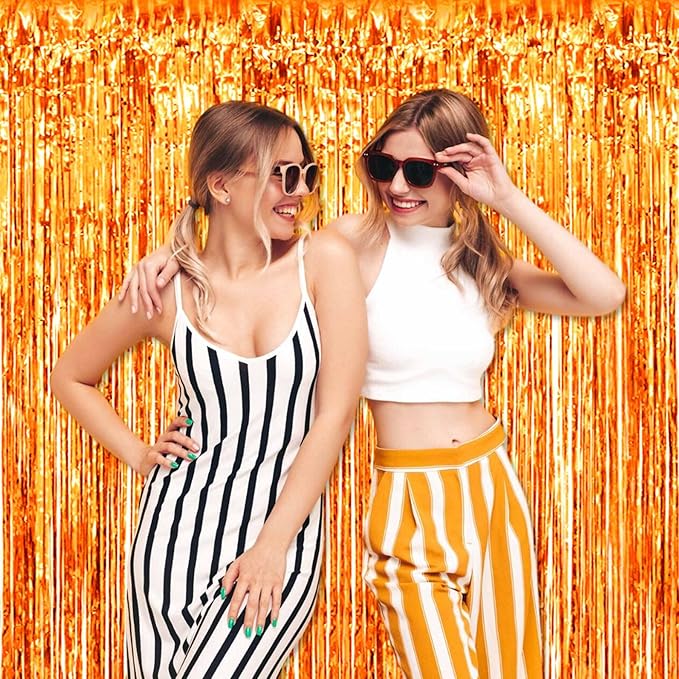 6 Pack Orange Foil Fringe Curtains Backdrop, 3.28 x 9.8 Ft Metallic Streamers Tinsel Curtains Background for Photo Booth, Birthday, Halloween, Christmas, Thanksgiving, New Year Party Decorations