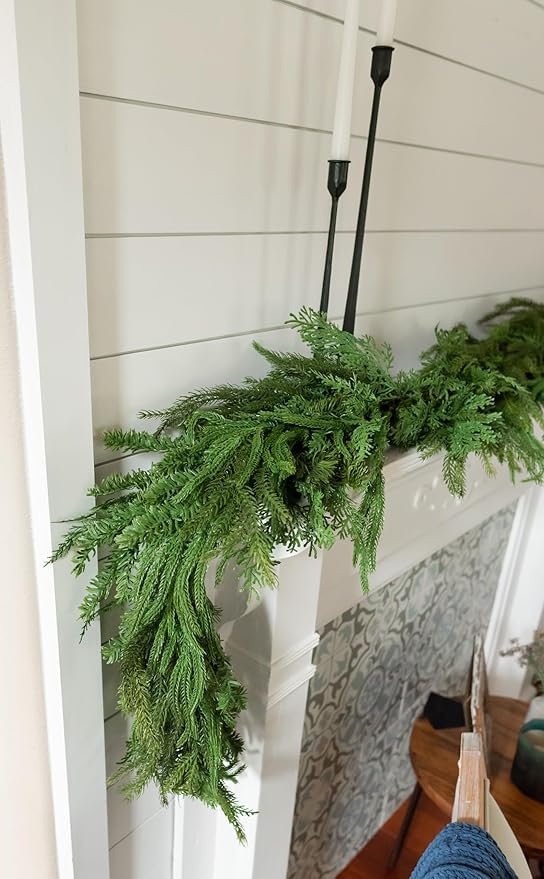 Mixed Norfolk Pine Garland with Evergreen, and Cedar Garland Artificial Realistic Greenery Branches for Decoration, Christmas Garland for Mantle, Premium Real Touch (6 Foot)