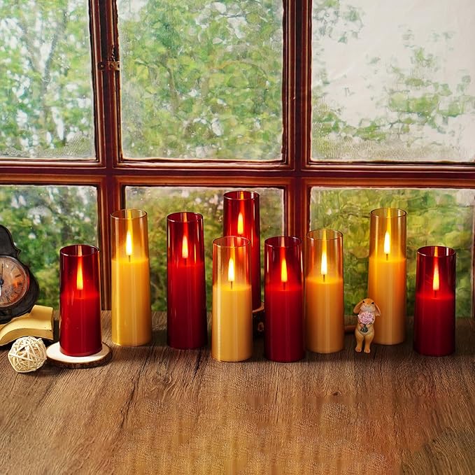 Flameless LED Candles, Upgraded Realistic 9 Pcs Flickering Flame Pillar Candles, Battery Operated Candles with Remote Timer, for Romantic Ambiance and Home Decoration (Red)