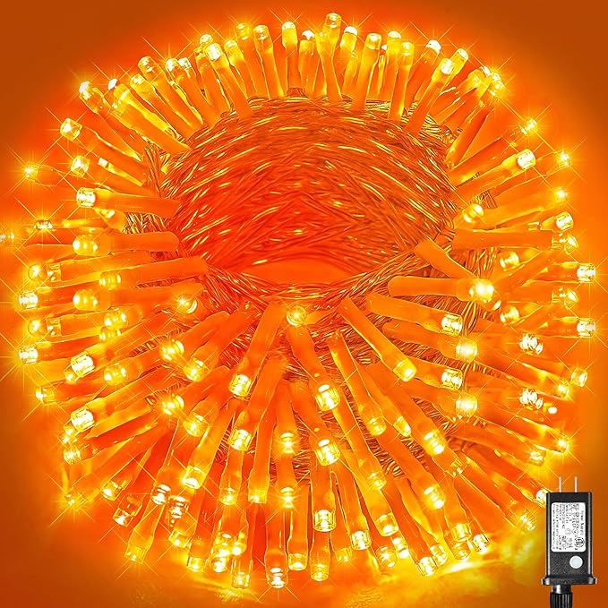 Vivideal 164ft 500 LED Orange Christmas Lights Outdoor Waterproof String Lights Indoor 8 Modes Clear Wire, Plug in Orange Christmas Light for Xmars Tree Bedroom Thanksgiving Decorations