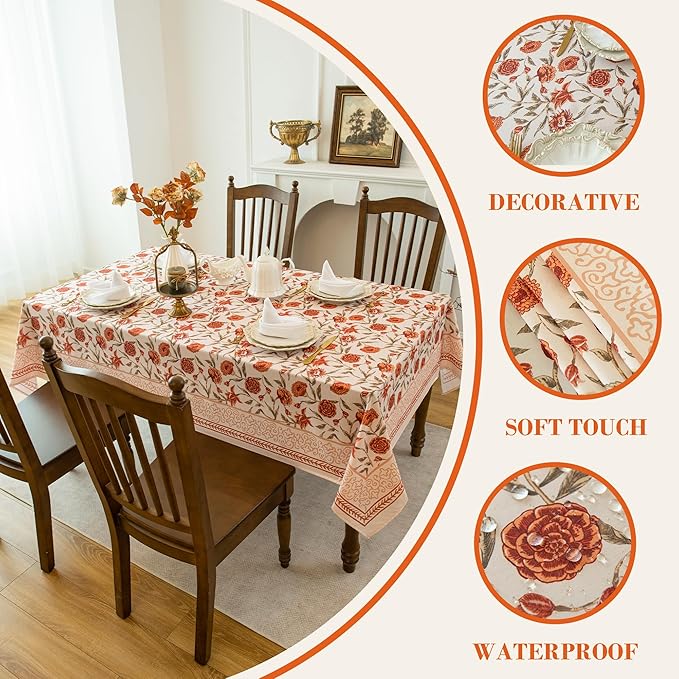 Valentine's Day Tablecloth 84 inches Length, Red Floral Waterproof Tablecloth Vintage French Style Home Decor, Elegant Floral Design, Stain Resistant, Perfect for Dining & Kitchen?W60 x L84