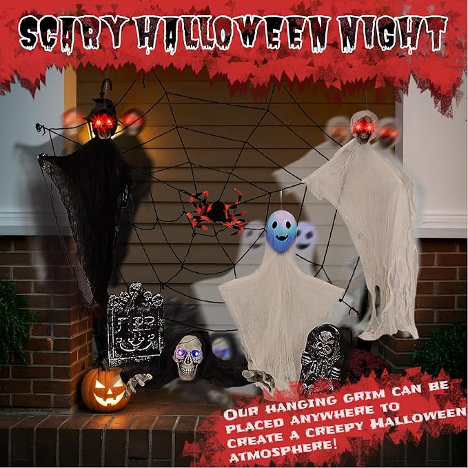 VINGLI Halloween Hanging Decorations, Flying Skeleton Reapers Ghosts, Spiders & Spider Webs, Tombstones with RIP Sign, with Lighted Up Eyes, 8 Pack for Indoor Haunted House Party Outdoor Graves Garden
