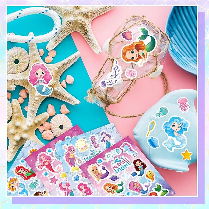 24 Sheets Little Mermaid Princess Stickers for Kids, Mermaid Stickers Bulk Preschool Sticker Sheets for Reward Craft Scrapbooking Water Bottles Gifts Bags Cards Envelopes Party Favors Supplies