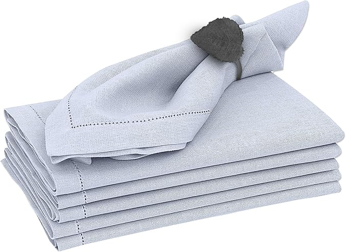 Ruvanti Premium Linen Napkins Set of 4-20x20 Inch, Classic Hemstitch, Mitered Corner Cloth Napkins‎‎ - Soft, Elegant Dinner Napkins Cloth Washable for Weddings, Parties, Everyday Use - Arctic Ice
