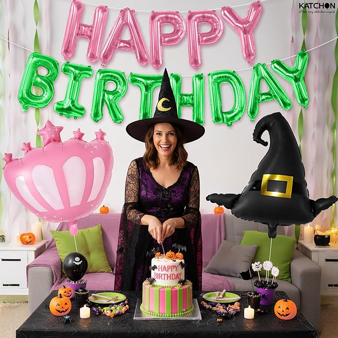 KatchOn, Happy Birthday Balloon Banner - Pack of 3 | Crown and Baby Witch Hat for Witch Birthday Decoration | Halloween Birthday Party Decorations for Kids | Wicked Party Decorations