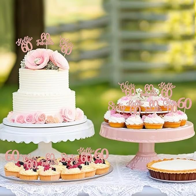 30PCS Happy 60th Birthday Cupcake Toppers Glitter Hello 60 Fabulous Sixty Cheers to 60 Years Old Birthday Cupcake Picks for Happy 60th Birthday Anniversary Party Cake Decorations Supplies Rose Gold