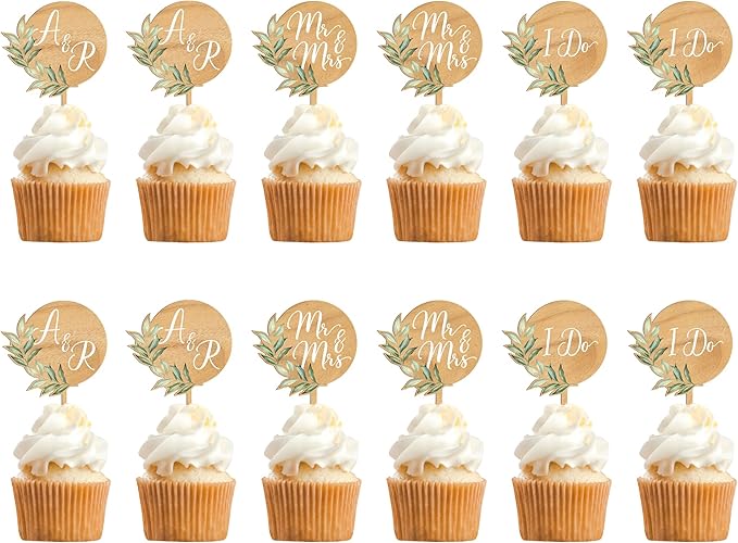 Custom Wedding Cupcake Toppers Personalized Cake Cupcake Decorations in Wood (36 PCS)