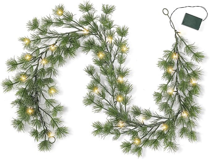 6FT Lighted Cedar Pine Garland with Timer, Battery Operated Christmas Garland with Greenery Pine Needles for Indoor Outdoor Holiday Office Home