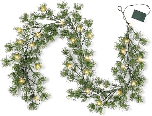 6FT Lighted Cedar Pine Garland with Timer, Battery Operated Christmas Garland with Greenery Pine Needles for Indoor Outdoor Holiday Office Home