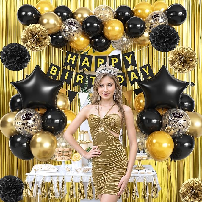 Black Gold Birthday Decorations, Gold Black Foil Confetti Balloons Foil Balloon Happy Birthday Banner Pom Poms Fringe Curtain for Men Women Bday Party Decoration Supplies