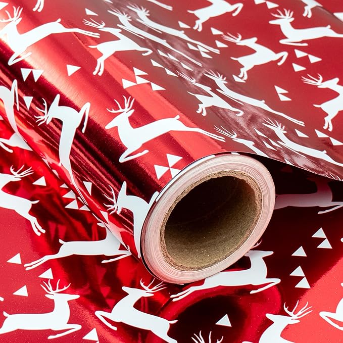 WRAPAHOLIC 30 Inch Jumbo Reversible Red Christmas Wrapping Paper - 30 Inch x 100 Feet Jumbo Roll Reindeer Wrapping Paper and Solid Red Design with Metallic Foil Shine for Christmas, Holiday, Party