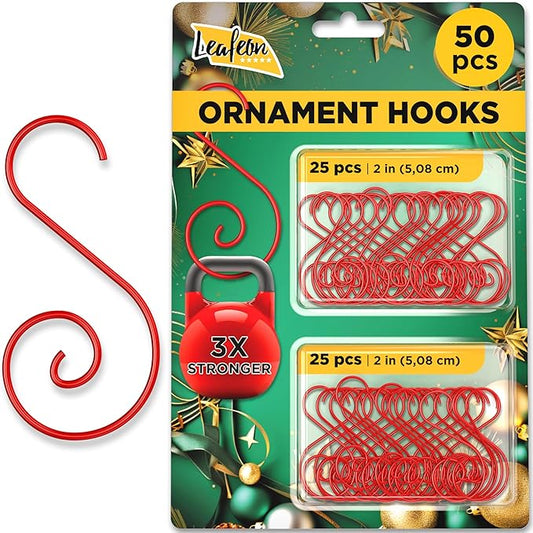 50 pcs S-Shaped Christmas Ornament Hooks – Perfect Ornament Hangers - Red Ornament Hooks for Christmas Trees Decoration