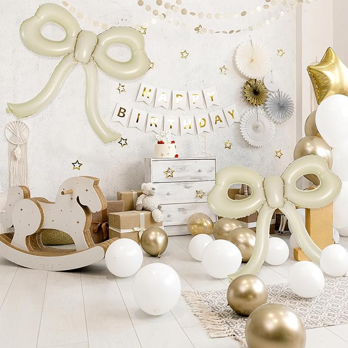 4 Pcs Bow Birthday Decorations Cream Bow Balloons for Girl Women Bow Themed Party Decorations Giant Foil Beige Balloons for Birthday Baby Shower Gender Reveal Wedding Decor Party Supplies