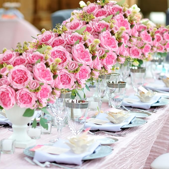 Artificial Peonies Silk Flowers Bouquets: Faux Peony Bouquet 8 Bundles, Fake Peonies Flowers Bulk for Centerpiece Table Wedding Party Home Decor for Vase Decoration (Pink)