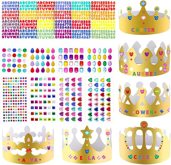 38 Pcs Paper Crowns for Kids Boys Girls Adults Princess Prince King, Classroom Crown, Birthday Party Hats with Gold Gem Jewels Number Letter Stickers, DIY Decorate Decor Favor Supplies