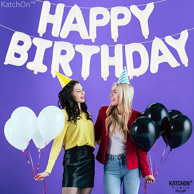 KatchOn, White Happy Birthday Balloons Banner - 16 Inch | Foil Balloon Banner for Happy Birthday Decorations | Balloon Letters Sign For White Birthday Party decor