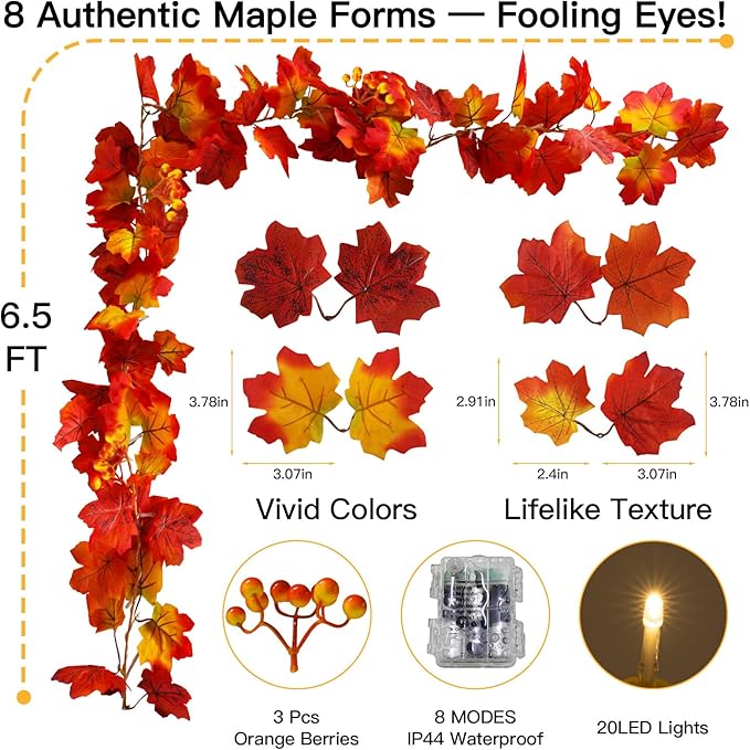 suddus Fall Garland with Lights Battery Operated, 20 LED Lighted Orange Fall Leaf Garland, Thanksgiving Fairy String Lights with Remote for Table, Mantle, Office, Porch, Halloween, Home Decoration