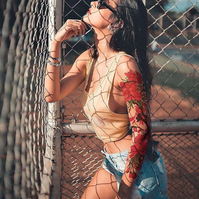 Aresvns Temporary Tattoo Flowers for Women and Kids (L19“xW7”),Beautiful Sleeve Tattoos Waterproof and Long-Lasting, Full Arm Fake Tattoos for Girls Christmas Gift,for BBQ Pool Beach Party