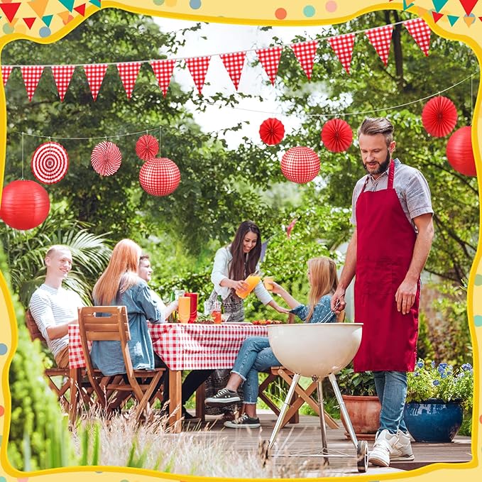 Hortsun 18 Pcs Red Gingham Party Supplies Include Checkered Paper Lanterns Plastic Tablecloth Pennant Banner Hanging Paper Fans for Picnic BBQ Baby Shower Birthday Wedding Family Dinner