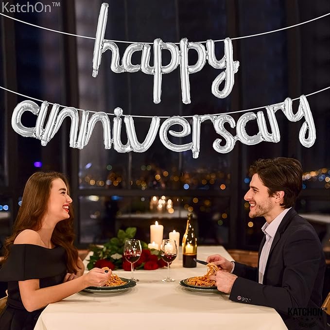 KatchOn Happy Anniversary Balloons - 16 Inch Silver | Banner for Decorations | Cursive Balloon for Party Decorations