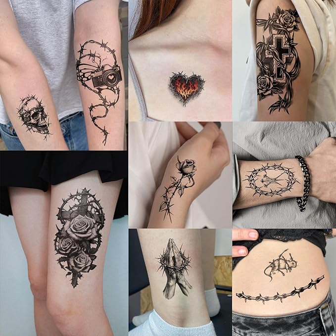 77 Sheets Temporary Tattoo for Women Men, 17 Sheets Half Arm Large Black Barbed Wire Fake Tattoos, 60 Sheets Skull Heart Flowers Tiny for Adult Kids Cosplay Party Body Tattoos Stickers Realistic