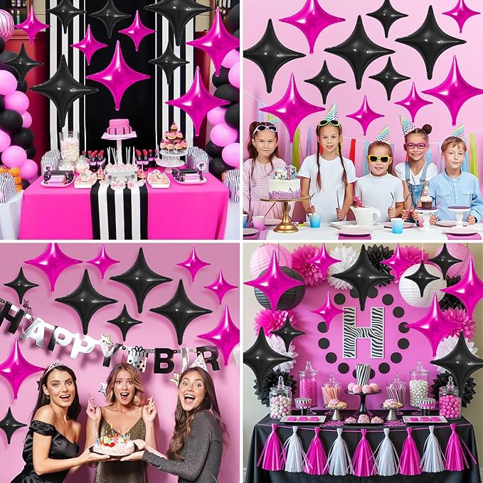 Hot Pink Black Star Balloons,12Pcs Four Angle Star Foil Balloons,26Inch and 10Inch Black and Pink Quadrangle Helium Balloon for Birthday Anniversary Party Decorations
