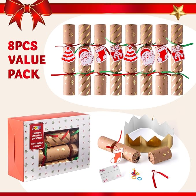 JOYIN 8 Pcs 10” Christmas Non-Snap Party Table Favor with Classic Design, with Party Hat, Joke & Little Gift Inside, for Xmas Gift, Christmas Seasonal Holiday Dinner Traditions