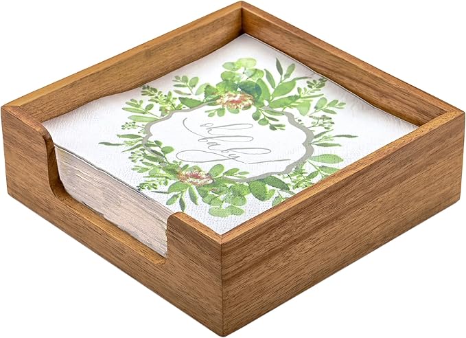Acacia Wood Napkin Holder for Table, Farmhouse Square Napkin Dispenser with Wide Side Opening - Easy to Grab Paper Napkins for Dining Table & Kitchen Counter (7.3“x7.3"x2.3")