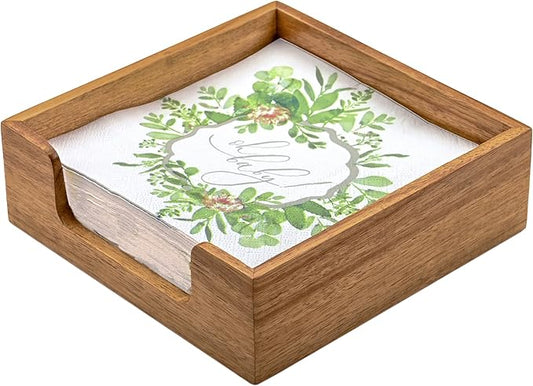 Acacia Wood Napkin Holder for Table, Farmhouse Square Napkin Dispenser with Wide Side Opening - Easy to Grab Paper Napkins for Dining Table & Kitchen Counter (7.3“x7.3"x2.3")