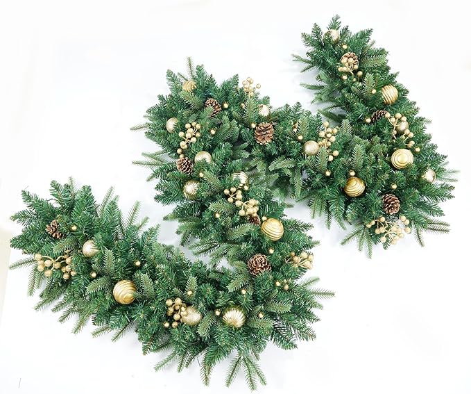 Christmas Garland 9FT Pre-Lit Artificial with 50 White Light, Pulg in, Green Decorated with Pine Cones, Glitter Powder Gold Ball, Fireplace Stairs Mantle Door Indoor Outdoor