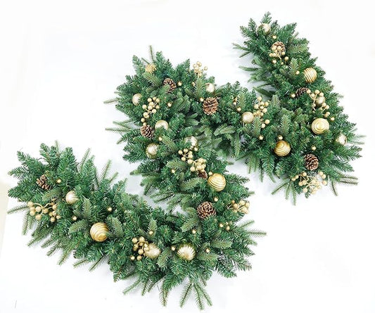 Christmas Garland 9FT Pre-Lit Artificial with 50 White Light, Pulg in, Green Decorated with Pine Cones, Glitter Powder Gold Ball, Fireplace Stairs Mantle Door Indoor Outdoor