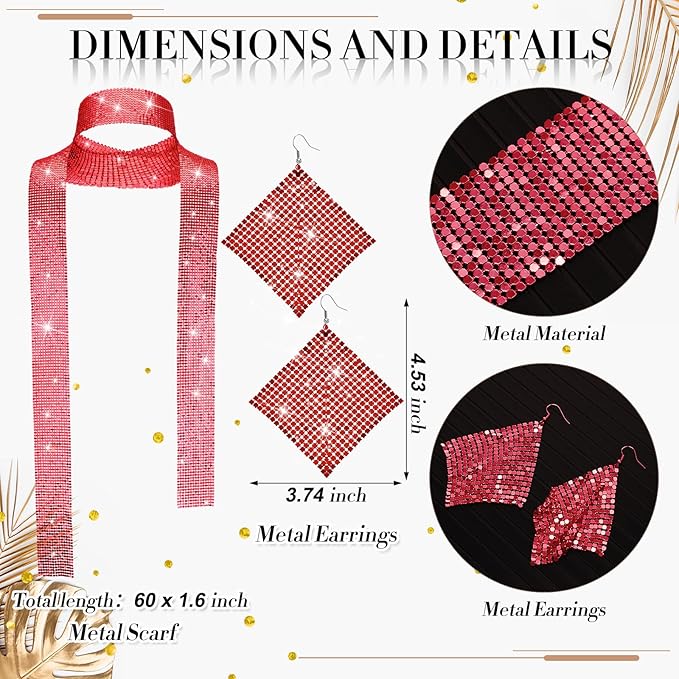 Sasylvia 5 Pcs 70s Disco Accessories Halloween Women Costume Jewelry Sequin Scarf Earrings Sunglasses Bracelet Headband