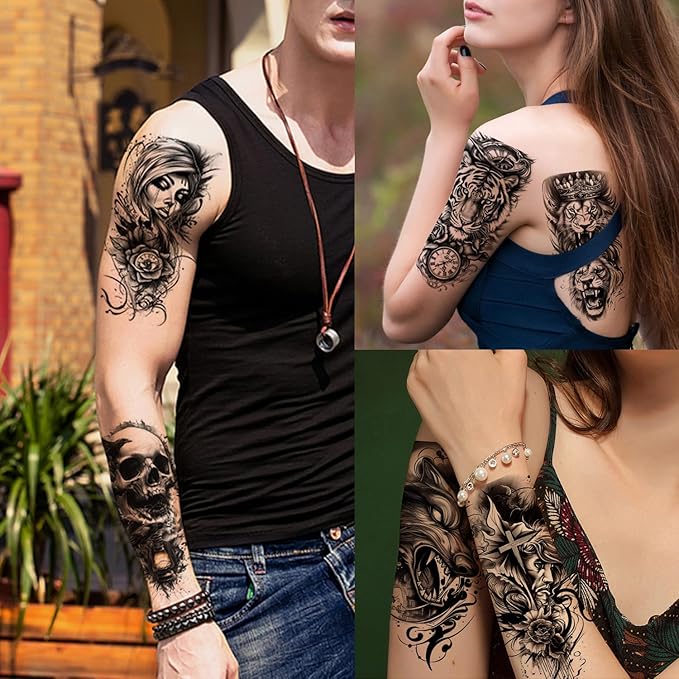 GLARYYEARS 24-Pack Half Sleeve Temporary Tattoos for Adults - Realistic 3D Halloween Cosplay, Lion, Eagle, Skull, Jesus & Greek God Gothic Designs | Waterproof Forearm Body Stickers for Men & Women