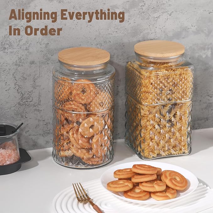 90 OZ Cookie Jars, 2600ml Glass Jars with Airtight Lids, Vintage Decorative Glass Storage Containers with Bamboo Lids for Coffee Candy Sugar, Candy Jar Coffee Canister 90oz.Square&Square