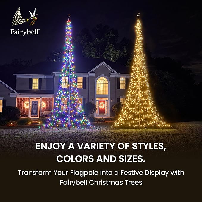 Fairybell - Flagpole LED Christmas Tree - Outdoor Christmas Decorations - Multicolor - 1,200 LED Tree - 20ft - Suitable for Existing Flagpoles