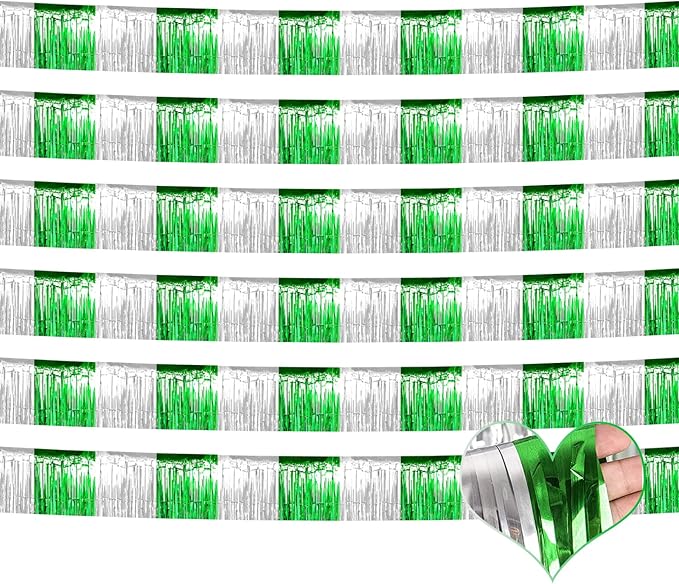 6 Pack 6 Feet Foil Fringe Garland Metallic Tassle Banner Wall Hanging Tinsel Streamers Backdrop for Parade Floats, Wedding, Birthday, Mardi Gras, St Patrick Day Party Decorations(Silver Green)