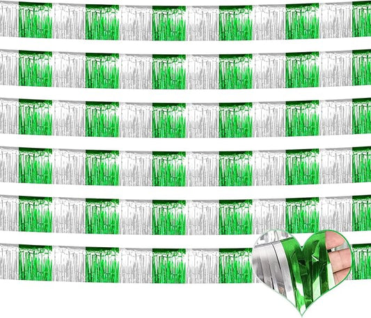 6 Pack 6 Feet Foil Fringe Garland Metallic Tassle Banner Wall Hanging Tinsel Streamers Backdrop for Parade Floats, Wedding, Birthday, Mardi Gras, St Patrick Day Party Decorations(Silver Green)