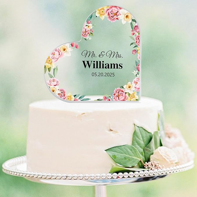 Custom Wedding Heart Acrylic Plaque,Mr & Mrs Cake Topper,Personalized Wedding Keepsake/Gift/Sign (Style 19)