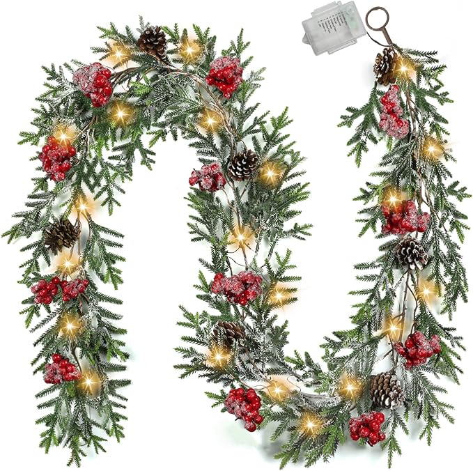 6FT Christmas Garland with Lights, Christmas Decor Pre-lit Artificial Pine Garland with Battery Operated Timer, Decorations Indoor Outdoor Home Holiday Flocked Garland for Mantel Window Stairs Wall