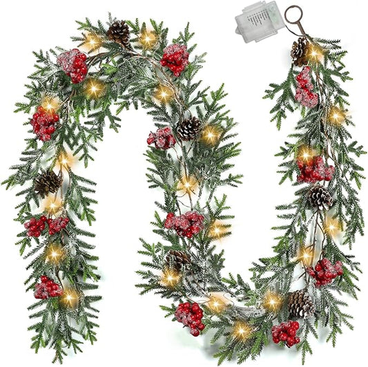 6FT Christmas Garland with Lights, Christmas Decor Pre-lit Artificial Pine Garland with Battery Operated Timer, Decorations Indoor Outdoor Home Holiday Flocked Garland for Mantel Window Stairs Wall