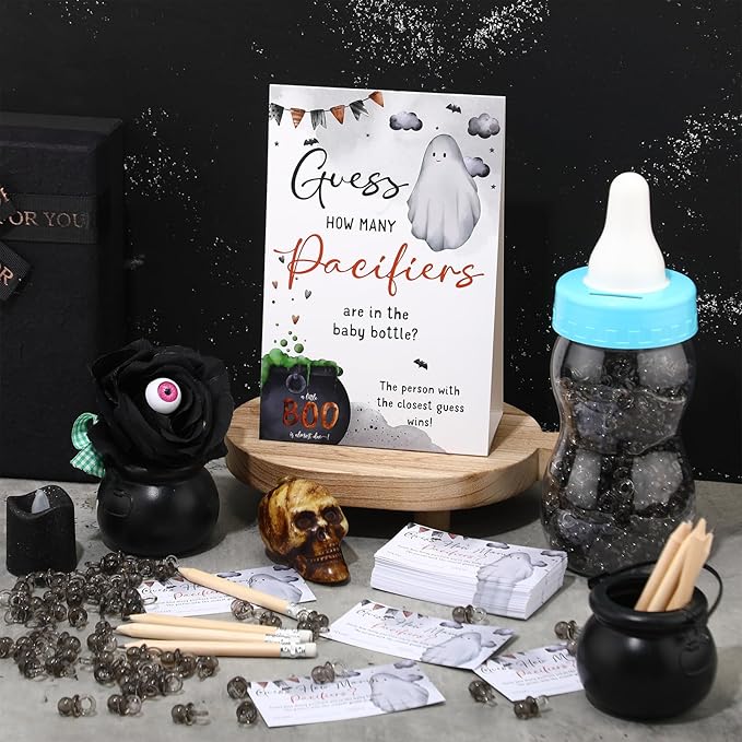 Roowest 512 Pcs Baby Shower Games Guess How Many Pacifiers Sign 100 Small Guessing Games 10 HB Pencils 750ml Milk Bottle 400 Acrylic Pacifiers Decoration for Guest Gender Reveal(Blue,Halloween)