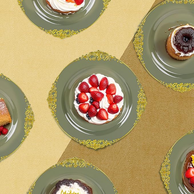 125PCS Olive Green Plastic Plates - Green and Gold Disposable Plates - Vintage Plate with Gold Plastic Silverware Sets for 25 Guests for Christmas & Party