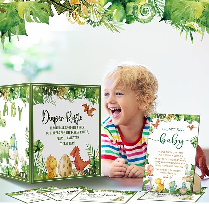 102 Pcs Baby Shower Game Supplies Diaper Raffle Tickets with Diaper Raffle Card Box Don't Say Baby Sign Mini Clothespin Baby Shower Game Decor for Baby Shower Gender Reveal(Dinosaur)