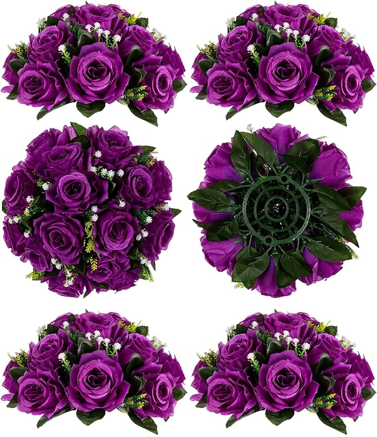 BLOSMON Flower Balls Wedding Rose Centerpieces 6 Pcs Purple Fake Flowers with Base Kissing Balls Decor Artificial Floral Arrangements Flower Bouquet of Roses Home Party Table DIY Decorations