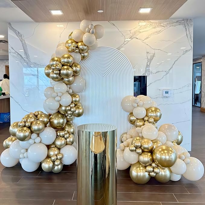 White and Gold Balloon Arch Kit Nude White Beige Balloon Garland With Metallic Gold Party Helium Balloons Neutral Cream Balloon for Boho Wedding Baby Shower Bridal Engagement Birthday Decor
