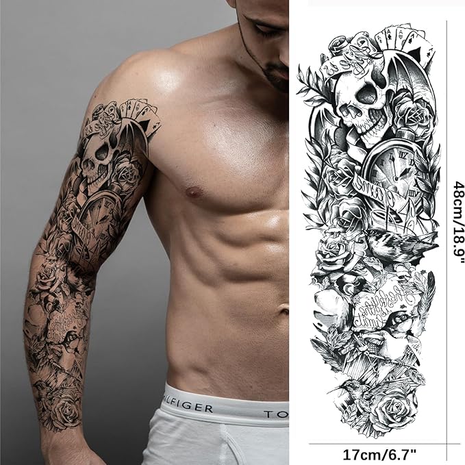 Pirate Skull Temporary Tattoo Sleeves for Men, 4-Sheet Full Arm Large Flower Skeleton Octopus Fake Tattoo Sleeve Adult Women and 4-Sheet Black 3D Anchor Clock Eye Half Temp Tatoo Sticker Leg Body Art