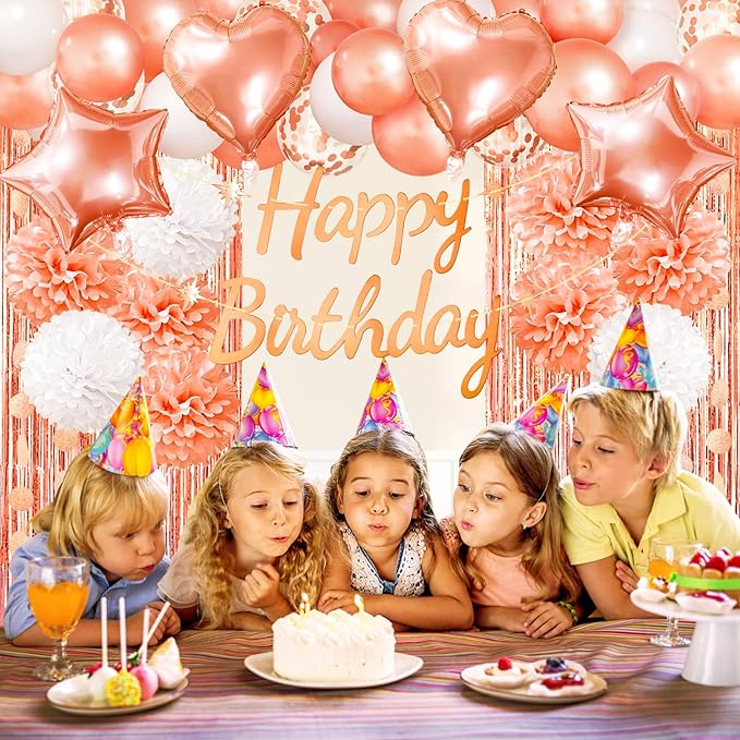 ZERODECO Rose Gold Birthday Party Decorations, Happy Birthday Banner Rose Gold Fringe Curtain Paper Pompoms Foil Confetti Balloons for Women Girls Princess Party