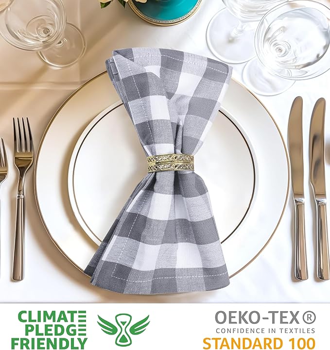 Urban Villa Cotton Dinner Napkins Set of 12, Highly Absorbent Soft Premium Cloth Napkins 20x20 Inches, Hotel Quality Reusable & Washable Table Dinner Napkins for Home - (Grey/White, Buffalo Checkerd)