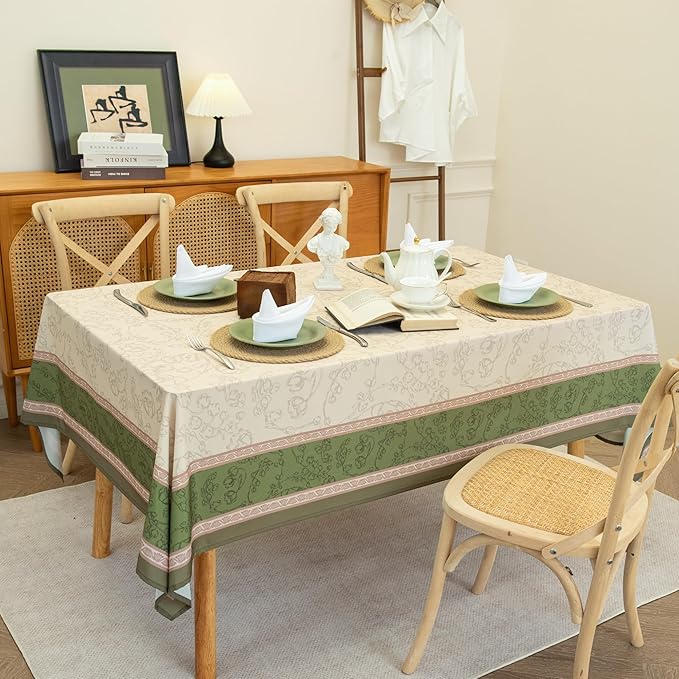 Green Floral Toile Tablecloth Waterproof- Rectangular Vintage Table Cover for Kitchen Parties Coffee Tables, Boho Table Cloth Perfect for Spring Home Decor, W60 x L84