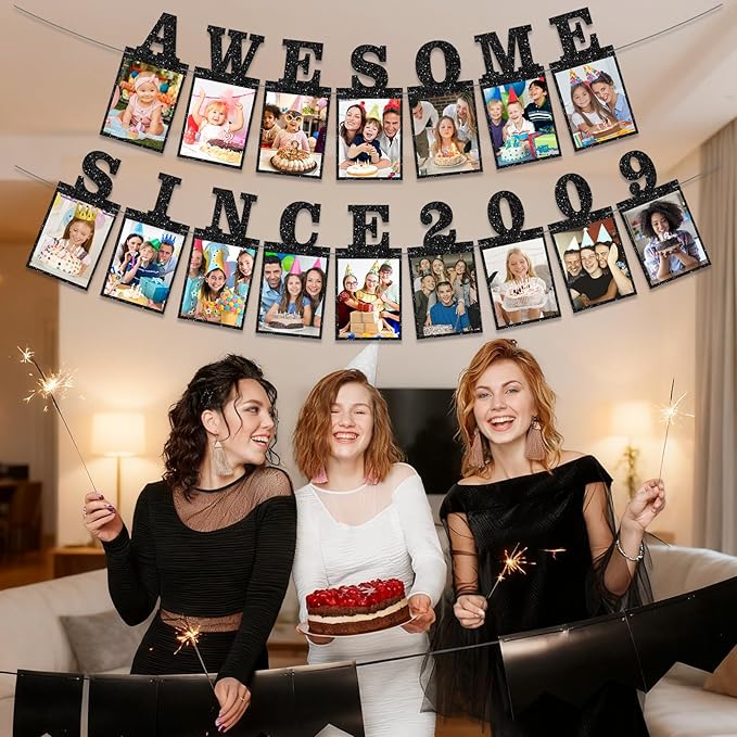 Pre-strung Awesome Since 2009 Photo Banner Birthday Decorations for Girls Boys- Black Glitter Sweet 16th Birthday and Anniversary Decorations Party Supplies